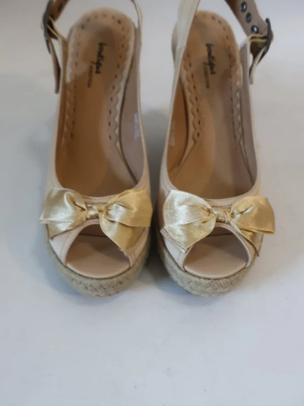 NWOB Boutique x Nordstrom Pale Gold Trina Fabric Satin Bow Espadrille Wedge 7.5N